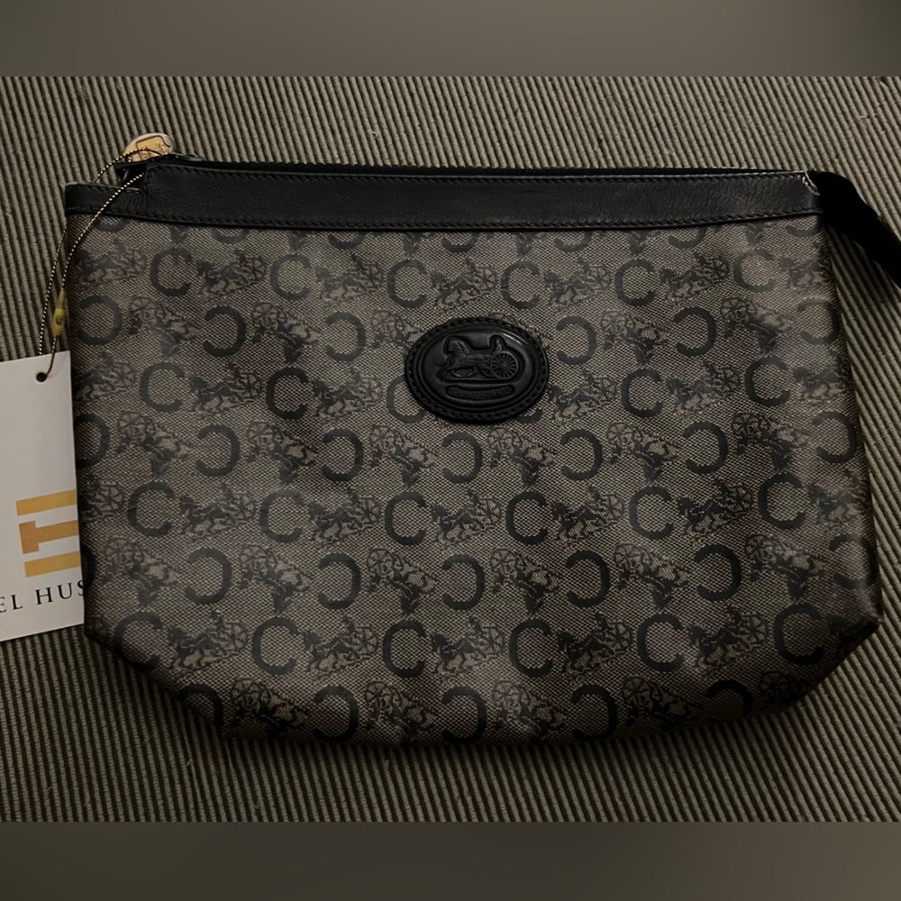 Vintage Celine Carriage Logo PVC Clutch Brown Macadam Print NWT Deadstock